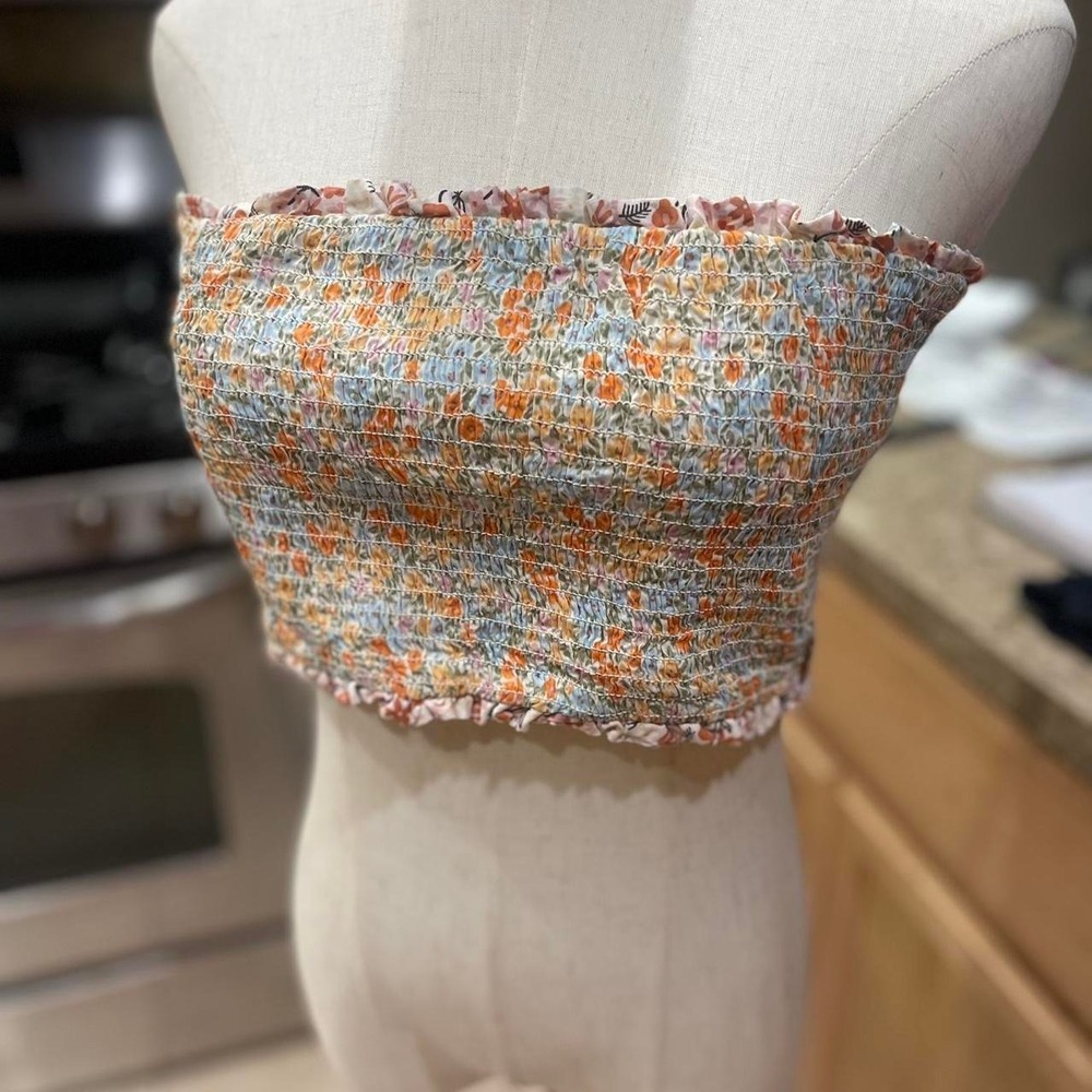 American Eagle Floral Smocked Tube Top Orange Blue Strapless Crop Top Medium